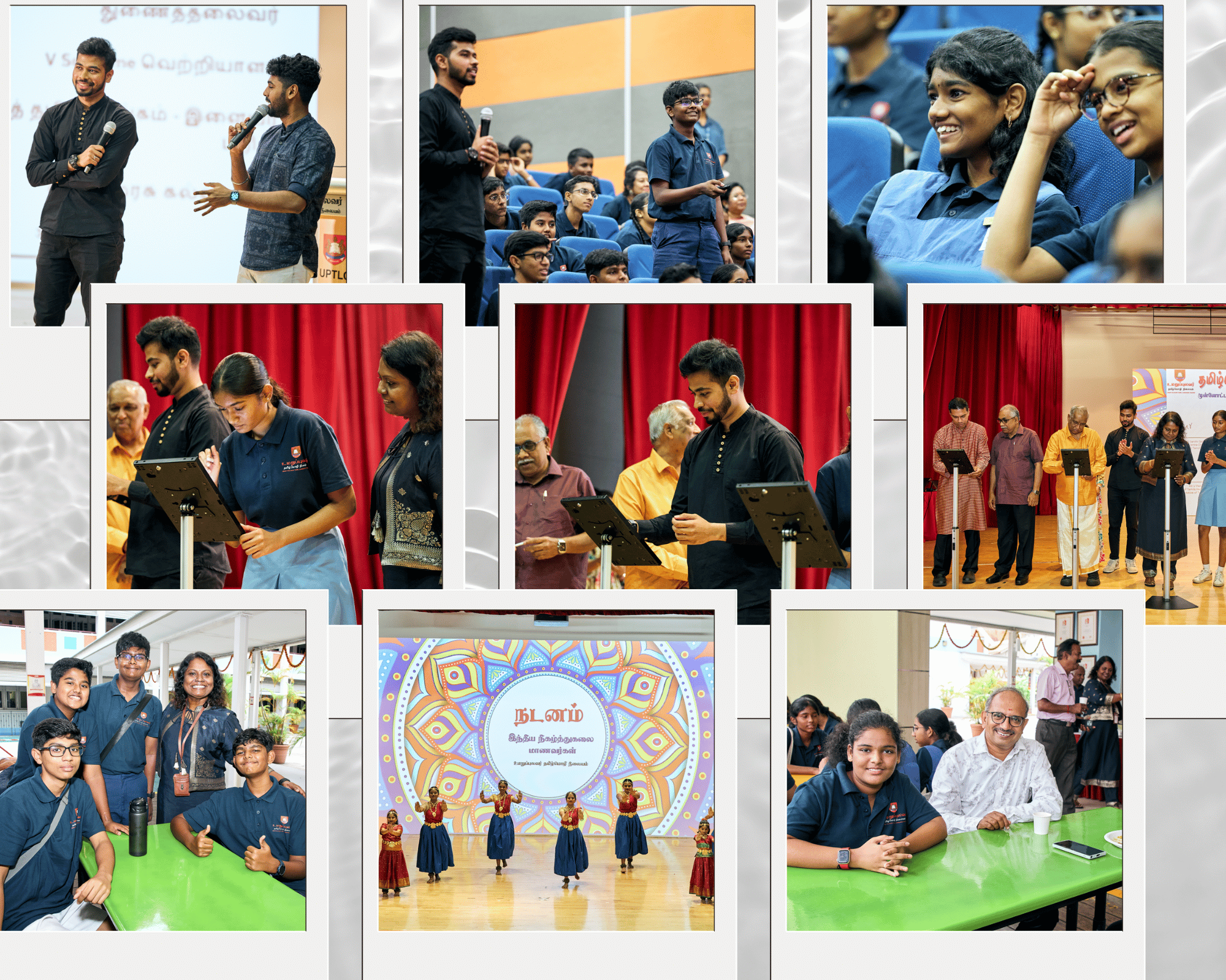 Collage of students and speakers at a school event, with stage performances, readings, and group photos.